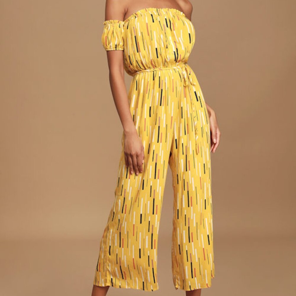 Lulus True Radiance Yellow Multi Print Off-the-shoulder Jumpsuit - Size S